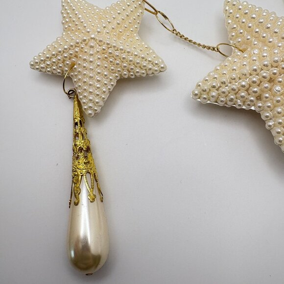 Vintage Faux Pearl Beaded Star Christmas Tree Ornament Dangle with Gold Accents - Picture 4 of 7